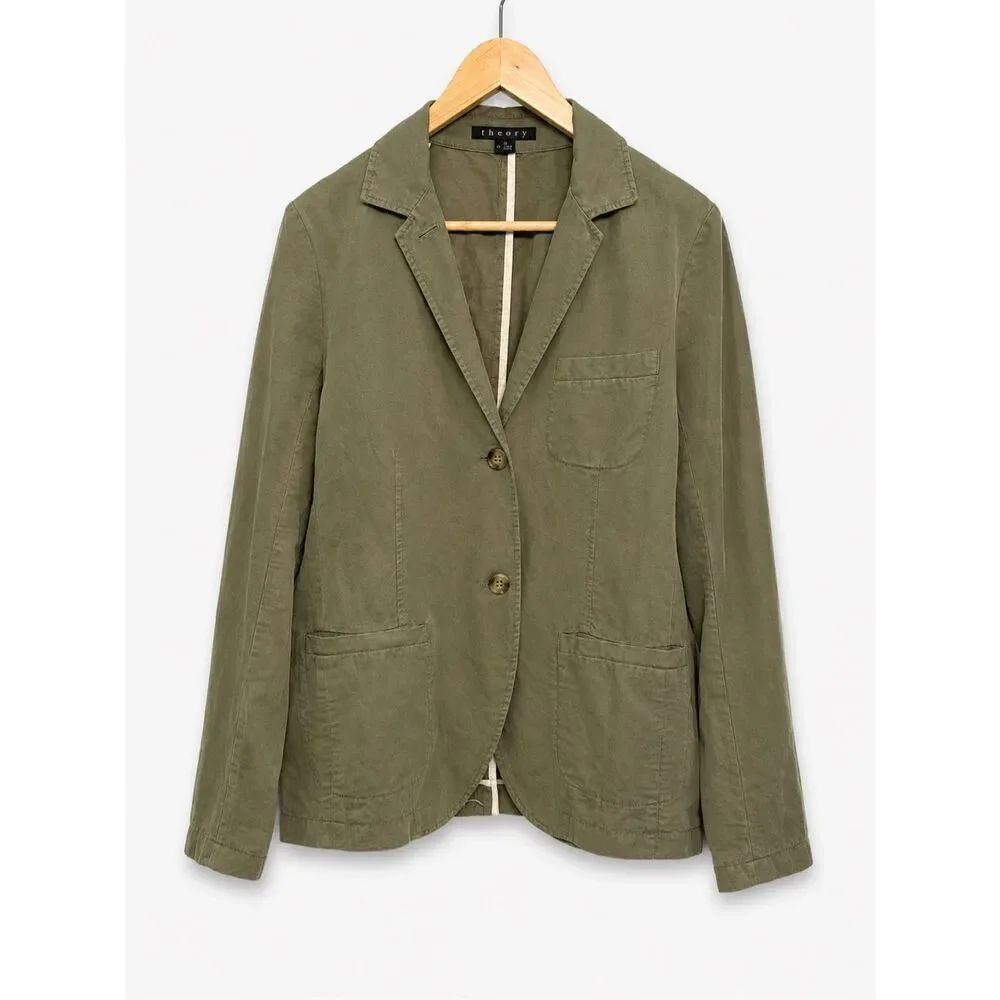 Theory Linen Blend Blazer Women Size 10 Olive Green Utility Lightweight Jacket